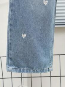 Jeans a vita alta e gamba ampia con ricamo a cuore per donne e ragazze, design in vita elastico, stile casual da campus con semplice maglietta bianca, adatto per scuola, strada, appuntamenti, attività all'aperto, uso quotidiano