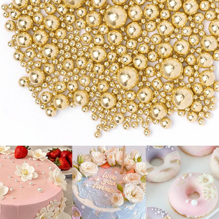 Gold Pearl Sugar Sprinkles - Edible Candy Pearls 130g/4.58 Oz, Mix Size Cake Candy, Decorate Cakes, Cookies, Ice Cream