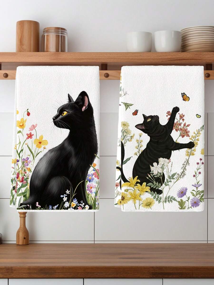 2Pcs Cat Kitchen Towels Watercolor Black And White Cat For Cat Lovers With "Silently Judging Your Meow" Design Farmhouse Dish Towels Kitchen Dishwashing Hand Tea Towels Kitchen Drying Dish Towels For Kitchen Dining Room Table - White - View 1