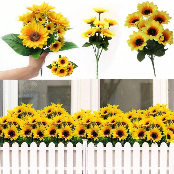 1/10 قطعة زهور عباد الشمس الاصطناعية للديكور الخارجي في الصيف ، باقات من زهور عباد الشمس الاصطناعية الجميلة الصفراء مع سيقان مقلدة، باقات زهور عباد الشمس الحريرية المقلدة لتزيين المزهريات وطاولات الزفاف والمنزل والشرفة والأماكن الخارجية والداخلية وعلى العفش الجنائزي، زينة حفلات الزفاف DIY