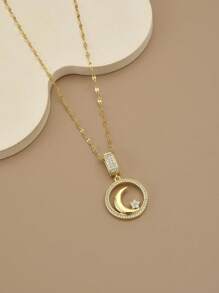 1pc Fashionable Sparkling Full-Rhinestone Moon & Star Decor Stainless Steel Luxury Necklace For Women