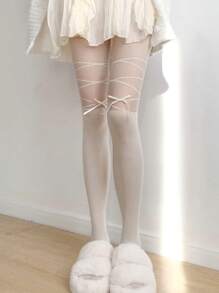 1 par de pantimedia de colores transparentes y con decoración de lazo estilo lolita, adecuadas para mujeres de menos de 50kg, para primavera/verano/otoño