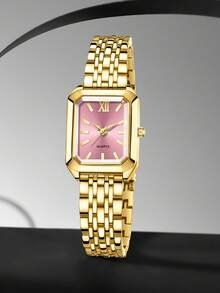 2PCS Gold Alloy Strap Women's Watch Set Fashion Luxury Simple Pink Rectangular Dial Quartz Watch Bracelet Set Suitable For Daily Clothing Matching Perfect Holiday Gift - Pink - View 2