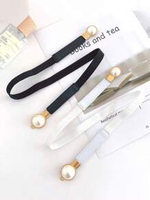 1pc Faux Pearl Pair Buckle Thin Belt Monochrome Elastic Waistband Vintage Versatile Coat Dress Girdle
