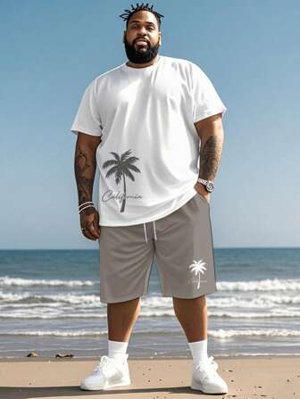 Plus Size Men Hawaiian Letter Print T-Shirt And Shorts Set, Cozy Outfits