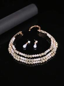 3 pièces Set de collier ras-du-cou et boucles d'oreilles à 3 rangs en zircone et perle, accessoire de robe de mariée, collier à gland