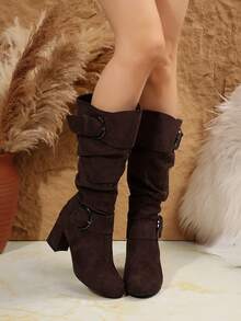 New European & American Tall Boots For Autumn/Winter, Suede Over-The-Knee Mid-Calf Boots With High Heel And Belt Buckle Closure, Thick Heel Ladies Knee-High Boots,Party