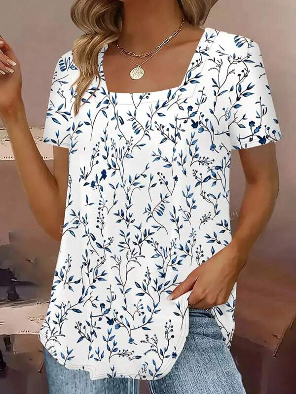 Camiseta de manga corta con cuello cuadrado y ajuste holgado con estampado de moda para mujer de talla grande, informal para vacaciones