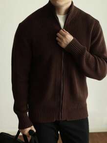 Cárdigan para hombre de punto acanalado con cuello alto y cierre de cremallera, de color liso y casual
