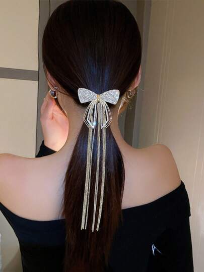 1pc Women's Luxurious Rhinestone Studded Butterfly Tassel Semi-Bun Hairstyle Design, Elegant Accessory For Everyday Wear Hair Clips Claw Clips Hair Claws Hair Slide Hair Barrettes