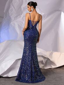 Sequin Mermaid Style Formal Evening Gown, High Slit Design, Suitable For Wedding Guests - Dark Wash - View 3