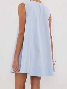 Women's V Neck Tank Dress Sleeveless Solid Color Loose Beach Dresses With Pocket - 藍色 - 查看 7