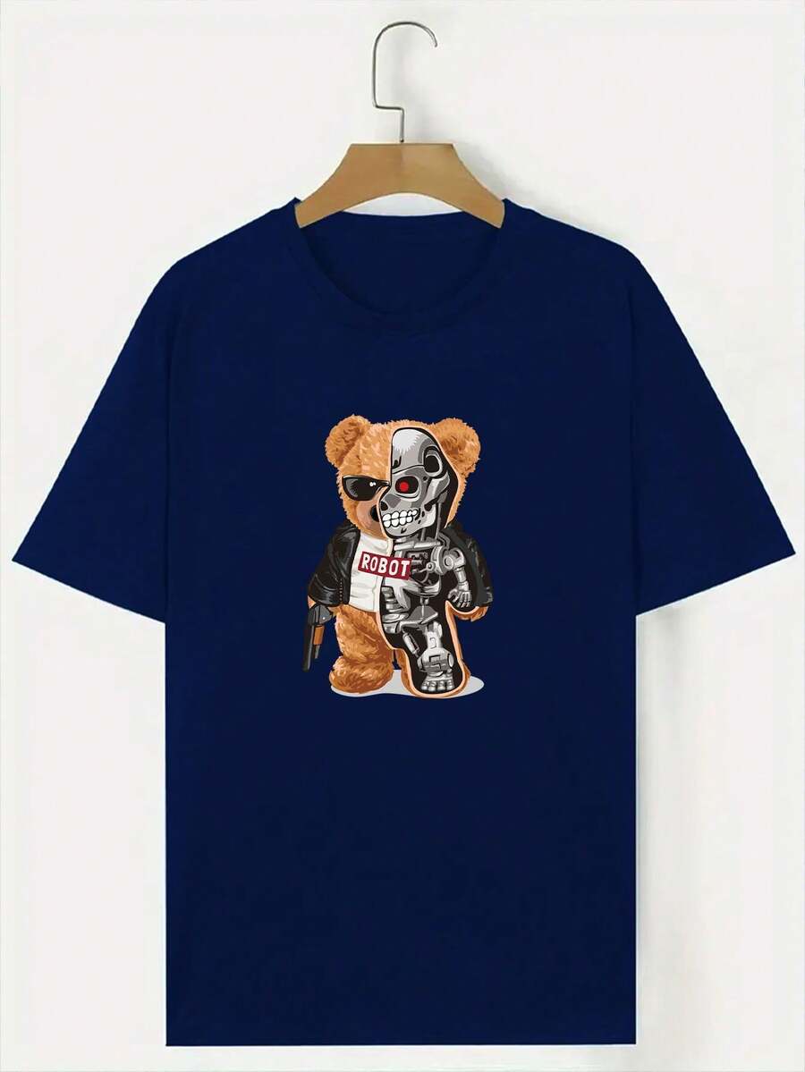 playeras de hombre,   Cuello redondo de verano casual hombre estampado esqueleto oso camiseta de manga corta blusa - Azul Marino - Ver 1
