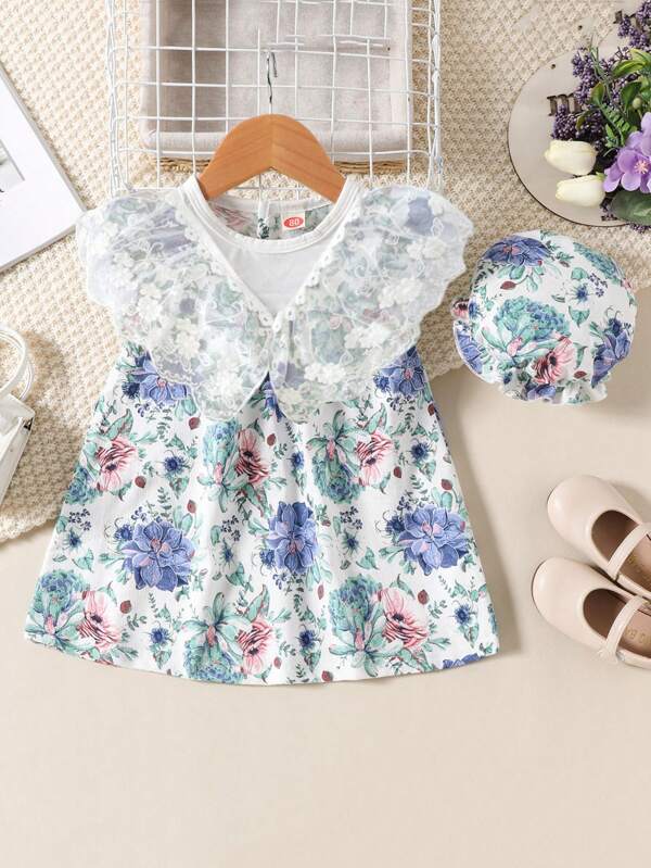 Girls Floral Print Lace Ruffle Decor Round Neck Short Sleeve Dress, Fashionable And Fresh Casual Dress Suitable For Little Girls Daily Wear, Summer