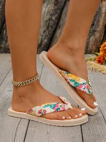 女士优雅经典豹纹防滑户外沙滩人字拖，夏季，女士拖鞋 - 白金 - 查看 6