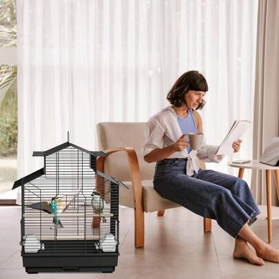VA-Cerulean Bird Cage With Stand And Wheels / Bird Aviary / Metal Bird Cage With Open Roof / Metal Bird Cage With Wheels, Metal Bird Aviary Budgie Cage With Wooden Perches And Feeding Containers, Animal Cage Bird House For Parrots, Pigeons, Parakeets And Finches (Type A/B/C/D)