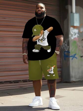 Men's Casual Street Style "Cool Bear" Pattern Sports Set - Polyester Knit Fabric, Round Neck Design, Drawstring Shorts, Pocket Detail, Regular Fit, Plus Size, Cozy Outfits