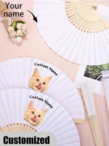Evantai de nuntă alb personalizat cu fotografie și nume de animal de companie, LOGO, evantai clasic DIY, ornamental de înaltă calitate, personalizat, elegant, rafinat, personalizat, cadouri ideale unice pentru ea, iubit, prietenă, tată, familie, mamă, prieteni