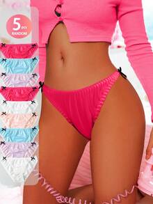 5PCS Random Glossy Satin Bow Trim Panties Set – Sexy Low-Rise Briefs In Candy Colors - Multicolor - View 1