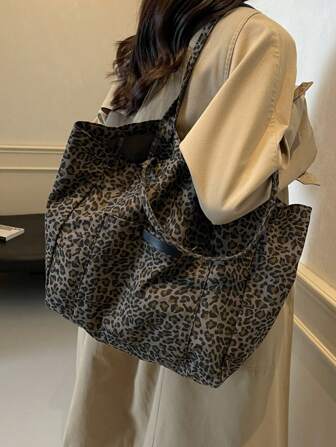 Fashionable High-Capacity High-End Feeling Korean Style Casual Minimalist Lightweight Versatile Retro Relaxed Vibe Leopard Print Backpack, Student Tote Bag For Back To School In Autumn/Winter