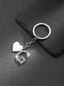 1pc Heart Shaped English Letter Keychain Pendant Accessory, Minimalist & Personalized Style With Transparent Rhinestone Inlay, Suitable For Men, Women, Couples, Car Keys, Bags And Gifts - Silver - View 9