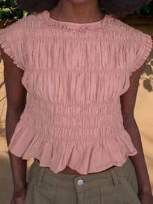 Women Tank Tops Solid Color Ruched Round Neck Casual Vests Summer Sleeveless Blouse Tops Streetwear - Pink - View 2