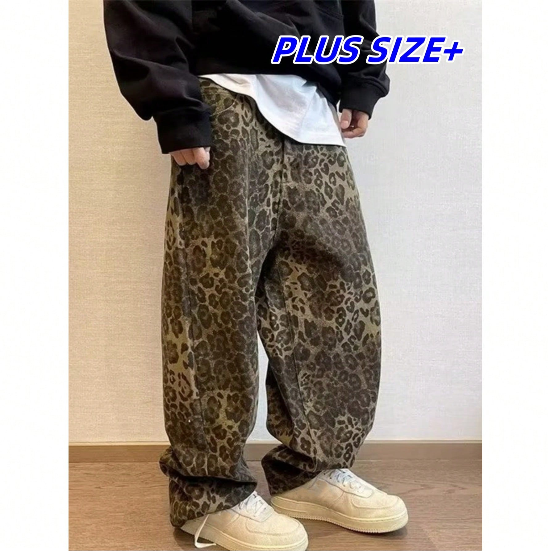 Jeans rectos de talla grande con estampado de leopardo retro americano de ajuste holgado, diseño de alta calle para hombres