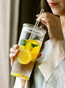 1pc Vertical Striped Plastic/Glass Cup With Lid, Highly Attractive Household Milk Cup, Large Capacity Water Bottle For Summer Back To School