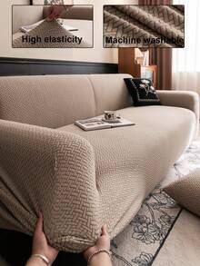 1pc All-Season Stretchy Sofa Cover, Anti-Slip Full Coverage Sofa Seat Cushion Slipcover, Machine Washable Dust-Proof Sofa Blanket, Pet-Friendly For Bedroom, Office, Living Room, Single/2/3/4 Seater - Khaki - View 1