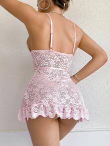 ملابس داخلية صيفية مثيرة، فستان نوم بنقشة زهور وشريط أحمر زهري بياقة على شكل حرف V ، فستان مخملي بأربطة رفيعة ظهر مفتوح شفاف مصمم جيدًا مع سروال داخلي شرابة 2 قطعة ، كأس مثلث مزين بفيونكة - وردي - مشاهدة 2