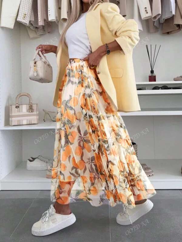 Spring Summer Ladies Casual Fashion Elegant Holiday Style Lemon Leaf Print Pattern Design Semi-Sheer Fitted Lined Half-Length Skirt