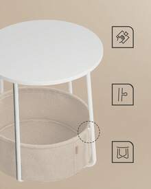Petite Table Basse Ronde, avec Panier en Tissu, Rangement, pour Salon, Chambre, Table de Chevet, Style Moderne, Noir Boisé et Gris Ardoise/ Noir Boisé et Bleu Turquoise/ Gris Tourterelle et Gris Ardoise/ Gris Ciment et Blanc Crème/ Beige Naturel et Blanc Crème/ Rose Bonbon et Blanc Crème/ Blanc Mat et Marron Camel - Blanc + Café - Voir 2