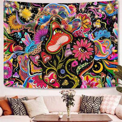 1pc Floral Mushroom Tapestry, Hippie Sun And Moon Tapestry Bohemian Celestial Tapestry Aesthetic Tapestries Wall Tapestry For Bedroom Medieval Tapestry For Bedroom And Living Room Decor Sun And Moon, Can Be Used As Sofa Cover, Wall Hanging, Photo Backdrop, Indoor Tablecloth And Outdoor Picnic Blanket Home Decor Room Decoration Stuff Bedroom Decor Flag