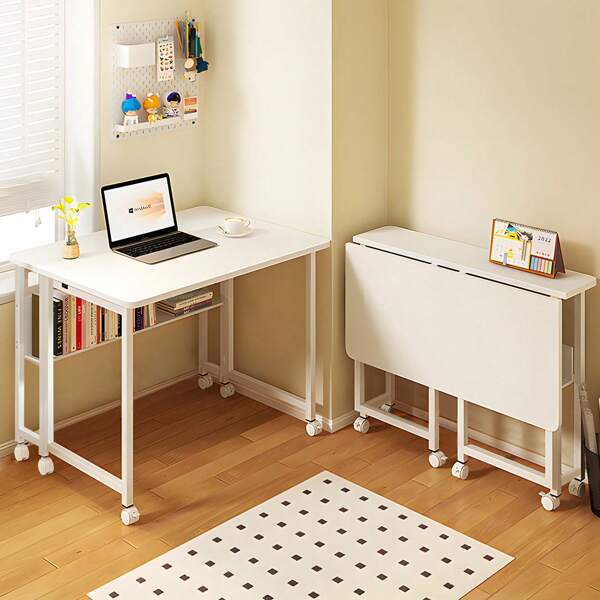 Folding Desk, Bedroom Table, Computer Desk, Width 100/80 X Depth 58 X Height 75 Cm, Space-Saving, Multi-Functional, Stylish, Study Desk, Compact, Easy Assembly, With Bottom Shelf, Office, Conference Room, Working From Home