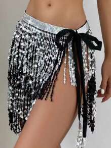 1 pieza Falda envolvente para la cintura con flecos brillantes, falda de 4 capas con flecos de lentejuelas para danza del vientre, danza latina, actuaciones de danza, adecuado para Halloween, carnaval, fiestas de baile, accesorios decorativos para la cintura