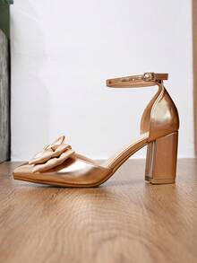女士时尚蝴蝶结麂皮露跟尖头粗跟高跟鞋，优雅，派对装扮 - 香檳色 - 查看 7