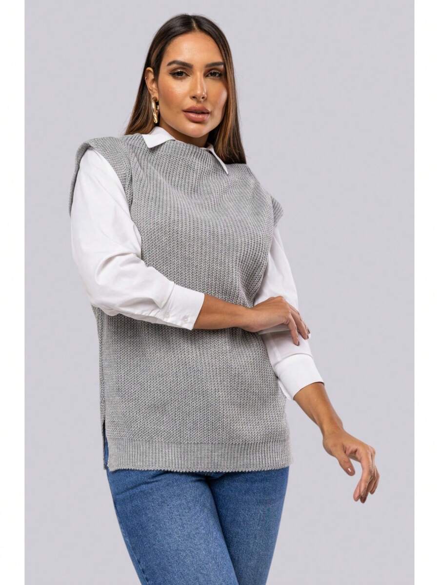 Max Fang Women's Knit Vest With Side Slits - 灰色 - 查看 1