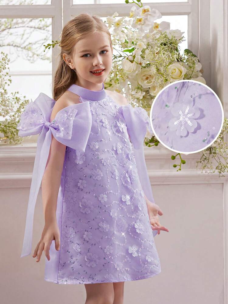 小女孩蝴蝶结装饰公主裙，适合儿童生日派对、花童礼服、婚礼、舞会、正式场合、节日庆典 - 淡紫色 - 查看 1