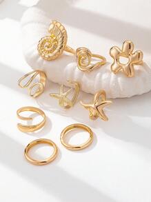 9 Pcs Ocean Style Summer Starfish Ring , Seashell Rings , Swirl Design Women Stacked Gold Rings Set , Minimalist Jewelry Suitable For Daily Wearing , Beach , Travel , Party