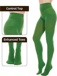 Citystl Opaque Black Tights Women, 80D Tummy Compression Plus Size Tights, Control Top Microfiber Pantyhose Women - Clover Green - View 3