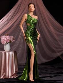 Rochie elegantă de petrecere pentru femei, cu aplicații, decolteu asimetric, drapată, crăpături laterale, potrivită pentru baluri, absolviri, gale, seri formale și nunți - Verde măsline - Vizualizare 1