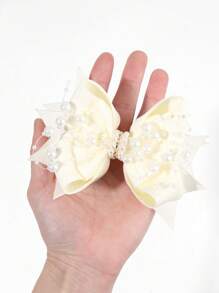 1 pieza Lazo para el cabello con perlas y malla para niñas, Clip para el cabello blanco de moda adecuado para uso diario y fiestas de cumpleaños