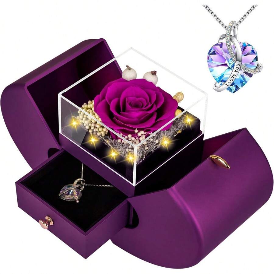 Preserved Real Red Rose With L Love You Necklace Eternal Forever Flowers Rose Birthday Gifts For Women Her Mom Wife Girlfriend Grandma On Valentines Mothers Day Christmas Anniversary Romantic-Red - Purple - View 1