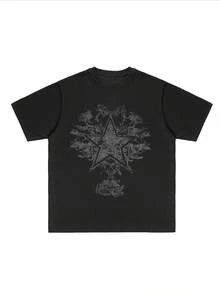 Stylish Heavy Cotton Men's TShirt 220gsm Pure Cotton With Unique Star & Floral Distressed Design Ideal Gift For Father's Day Perfect For Casual Wear Suitable For Men Aged 2555. - 黑色 - 查看 3