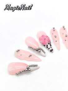 10 Pieces Of Pure Hand-Pressed Wearing Nails, 33mm Long Nail Pieces, Pink And White Contrasting Colors, Multiple Small Silver Balls Form Multiple Line Decorations, Convex Transparent Line Decoration, Hand-Made Convex Flowers Pink Colored Hand-Painted Spotted Small Ball Stamens, Hand-Painted Spotted Spots. Cute Nail Pieces For Spring And Summer. Suitable For Daily Leisure And Vacation Wear.