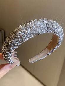 1pc Korean Elegant Luxury Rhinestone Wide-Edge Headband, Women Foam Heightening Crown Washing Face Hairband, Suitable For Party & Daily Use ,Head Piece - Multicolor - View 8