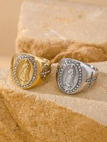 1 件精致圣母玛利亚镶嵌闪亮方晶锆石戒指男士嘻哈日常佩戴情侣不锈钢首饰 - 戒指 - 查看 6