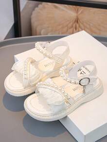 Mädchen süße Blumen & Perlen Dekor Outdoor Flache Offene Zehensandalen, Weich & Bequem - Beige - Übersicht 5