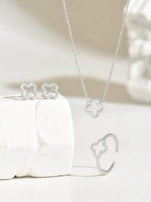 4pcs/Set Fashionable Minimalist 925 Sterling Silver Hollow Flower Pendant Necklace, Earrings, Ring Jewelry Set For Women, Surprise Gift, Suitable For All Occasions