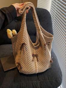 Yogodlns Bolso de hombro de punto casual y de ocio, bolso de mano bohemio y dulce con trenzado, bolso de mano de ganchillo calado con lazo grande, bolso tipo tote para vacaciones de verano para mujer, bolso hobo de unicolor y estético con gran capacidad, bolso de mano de punto grande para uso diario de señoras